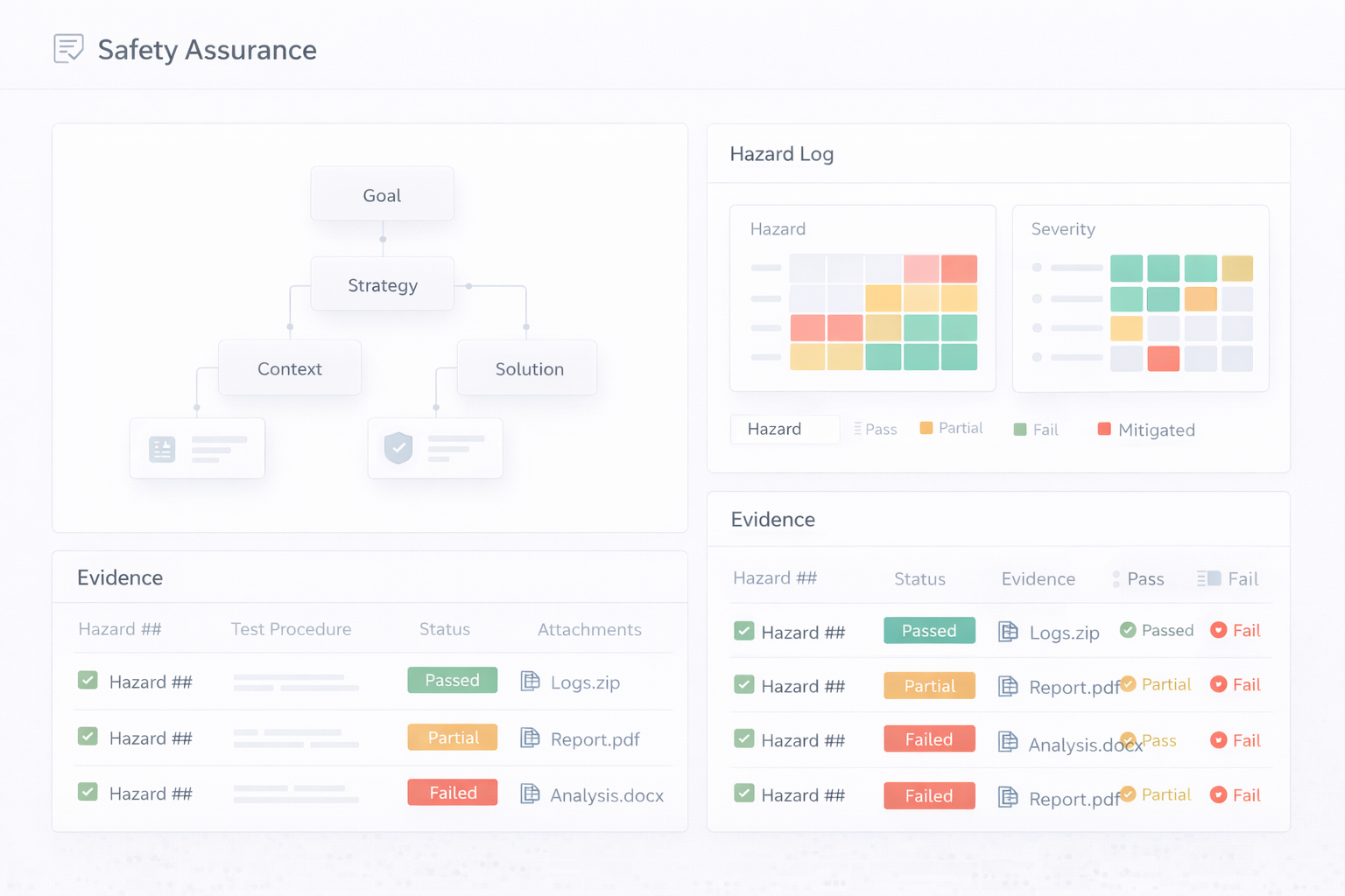 Safety assurance dashboard with GSN argument graph and hazard log matrix